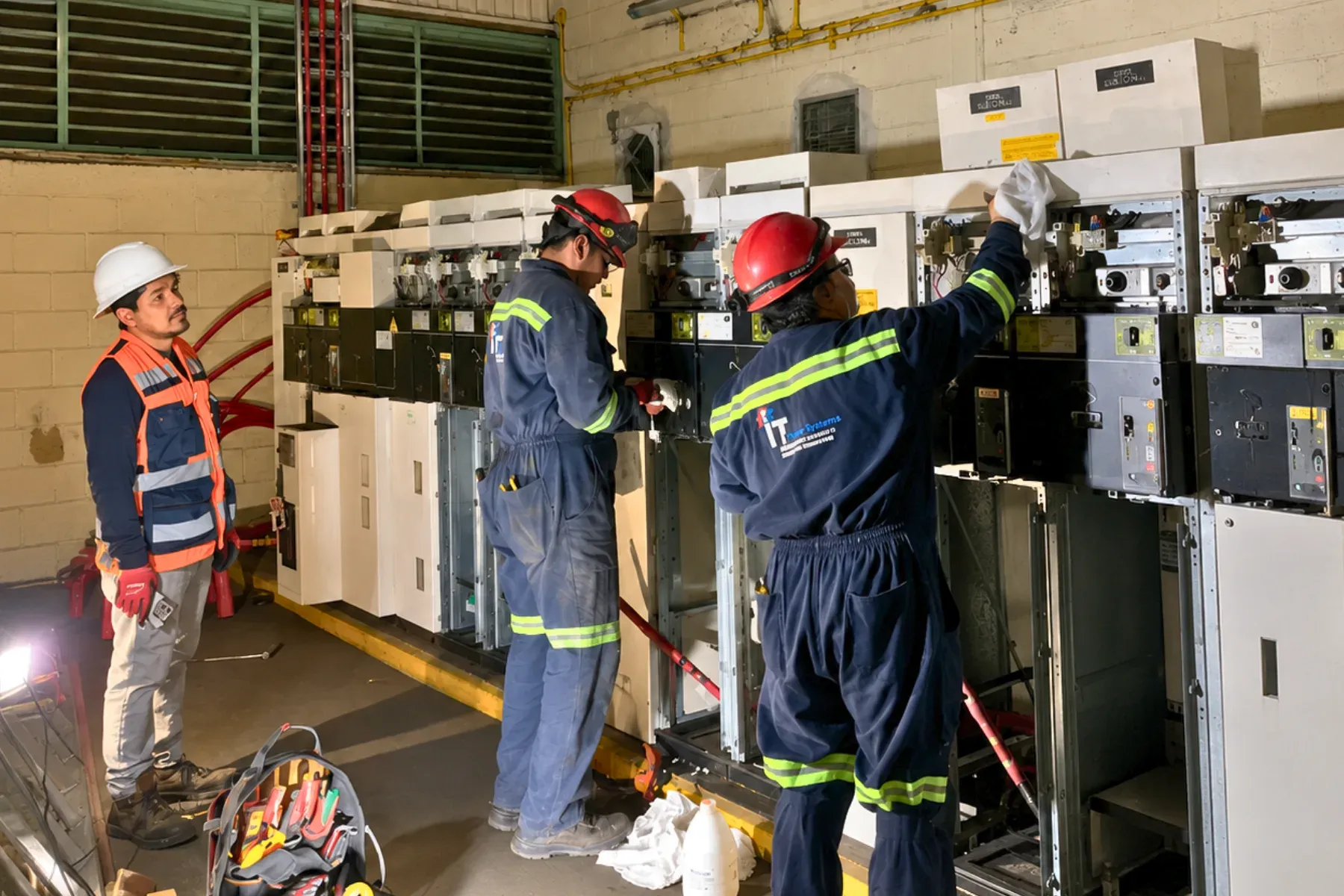 Cuadrilla de iT Power Systems dando mantenimiento a una línea de celdas de media tensión abiertas: limpieza dieléctrica y revisión de mecanismos y contactos