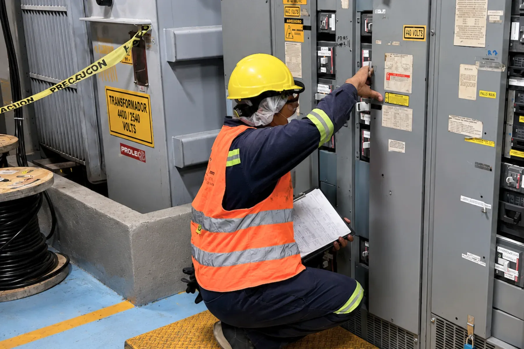 Técnico con casco, careta y chaleco reflejante, con un plano en la mano, revisando un tablero de 440 V junto a un transformador durante el levantamiento de un centro de carga
