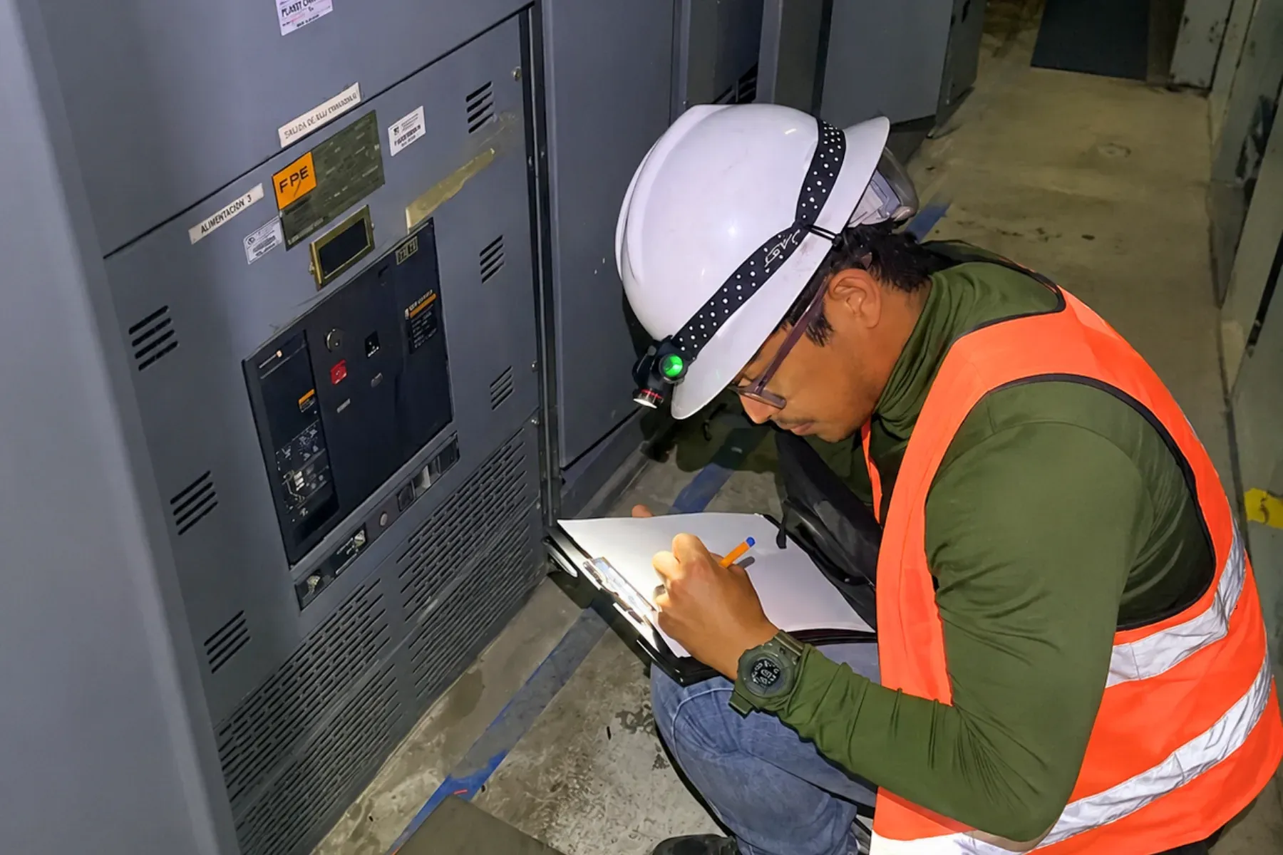 Técnico de iT Power Systems con casco, lámpara frontal, lentes de seguridad y chaleco reflectante, en cuclillas anotando en un portapapeles frente a un tablero de baja tensión abierto con su interruptor de potencia
