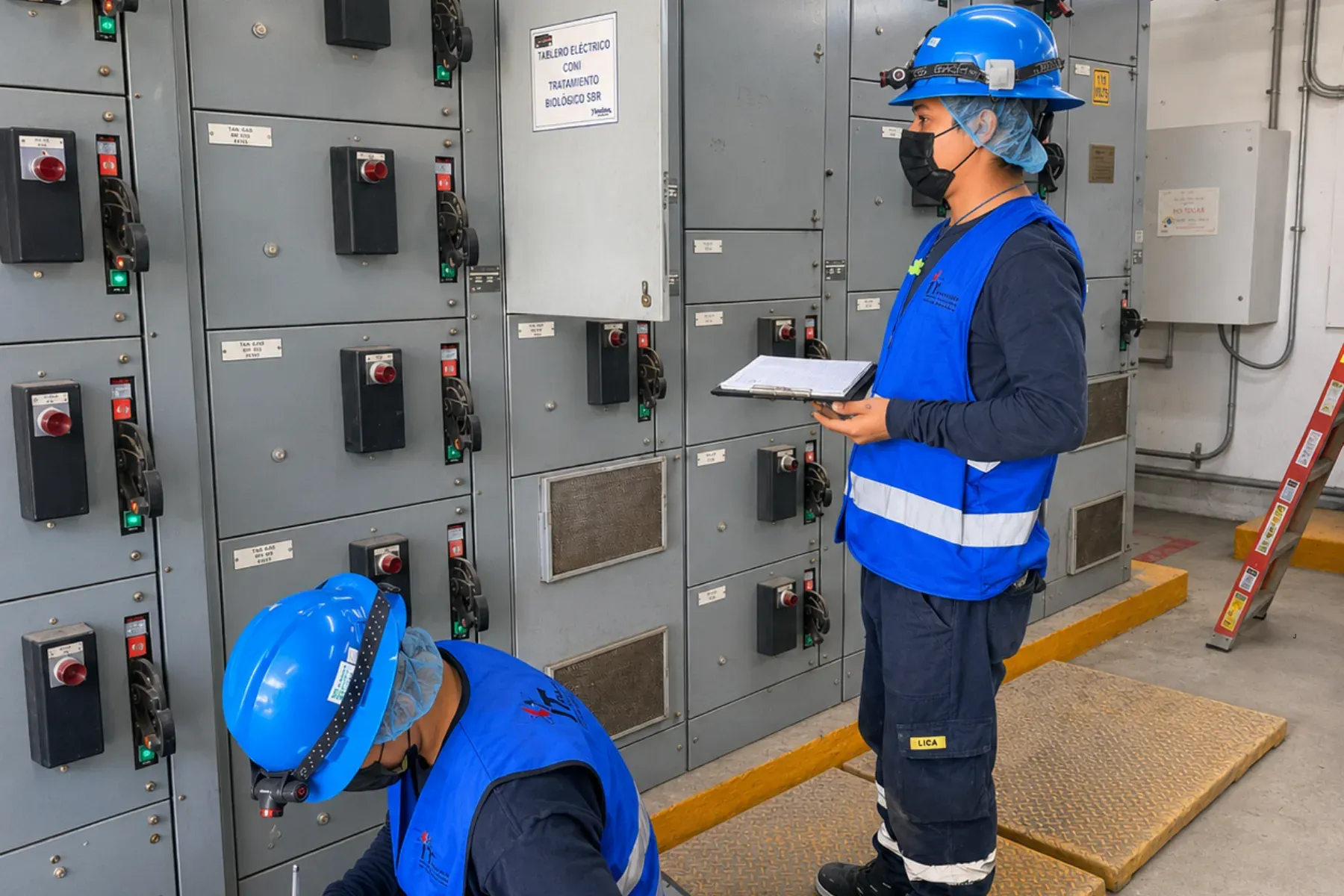 Dos técnicos de iT Power Systems levantando datos en campo frente a un centro de control de motores, uno anotando en un portapapeles y el otro identificando los tableros
