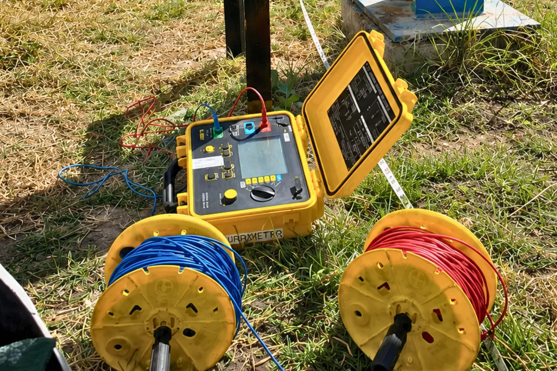 Medidor de resistencia de puesta a tierra sobre el terreno, con sus dos carretes de cable de prueba (azul y rojo) y electrodos auxiliares, durante la verificación de un sistema de tierras